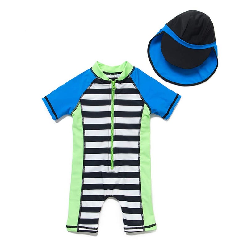upandfast Kids One Piece Zip Sunsuit with Sun Hat UPF 50+ Sun Protection Baby Beach Swimsuit (Stripe2, 3-6 Months) - Image 1